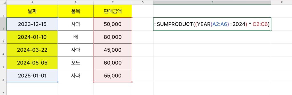 엑셀 날짜 연도별 합계 구하기 SUMPRODUCT