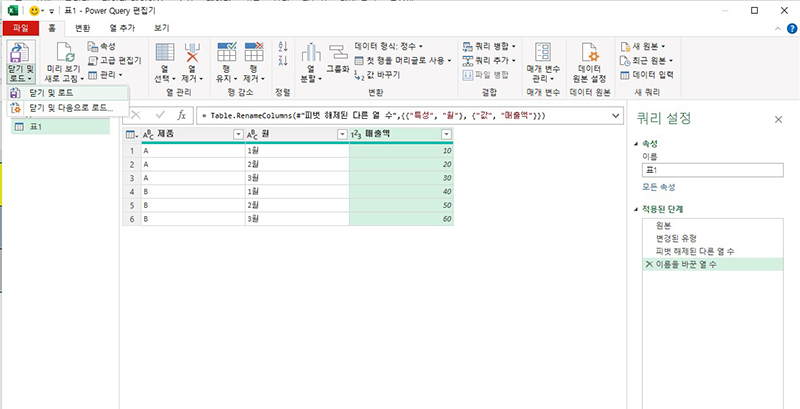 엑셀 열 피벗 해제 결과와 피벗 테이블 활용 예시