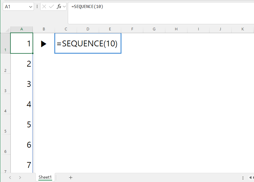 SEQUENCE 함수를 사용하여 드래그 없이 1부터 10까지 순번을 자동으로 생성하는 동적 배열 예제 화면